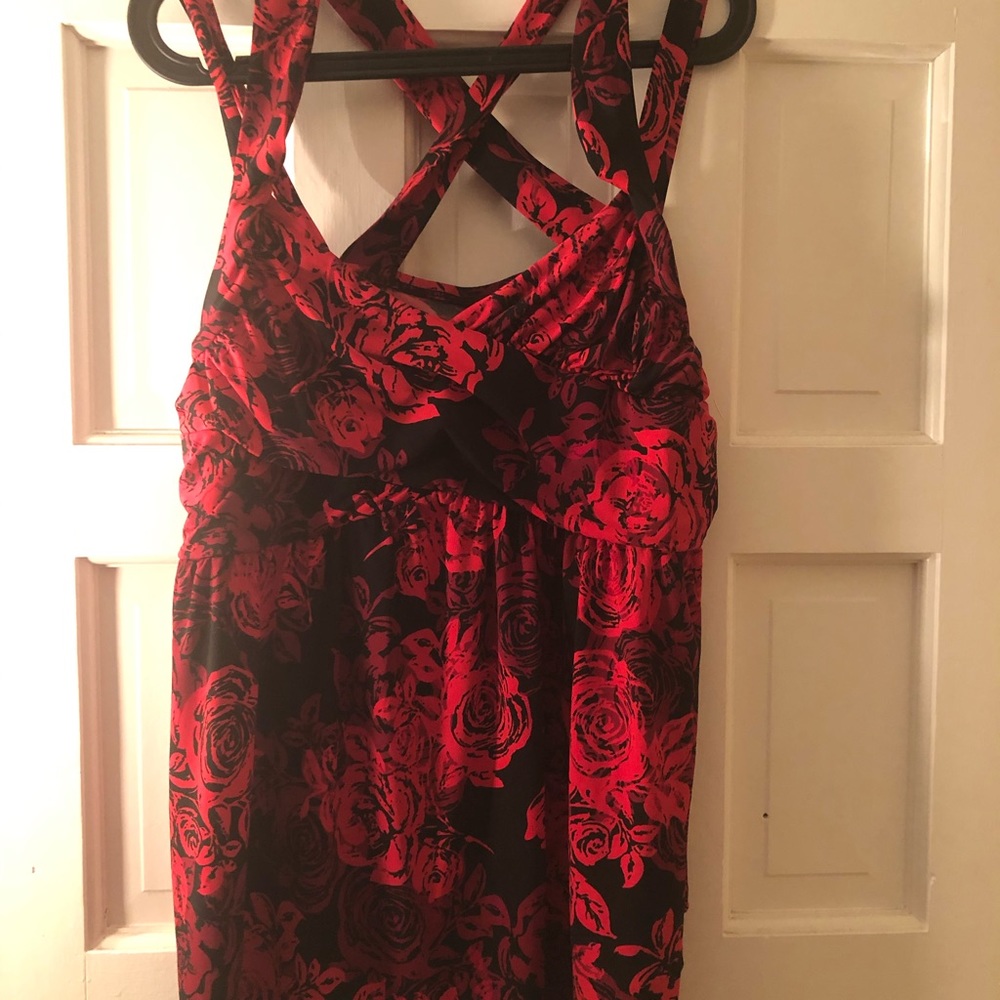 Rose red and black baby doll top criss cross back